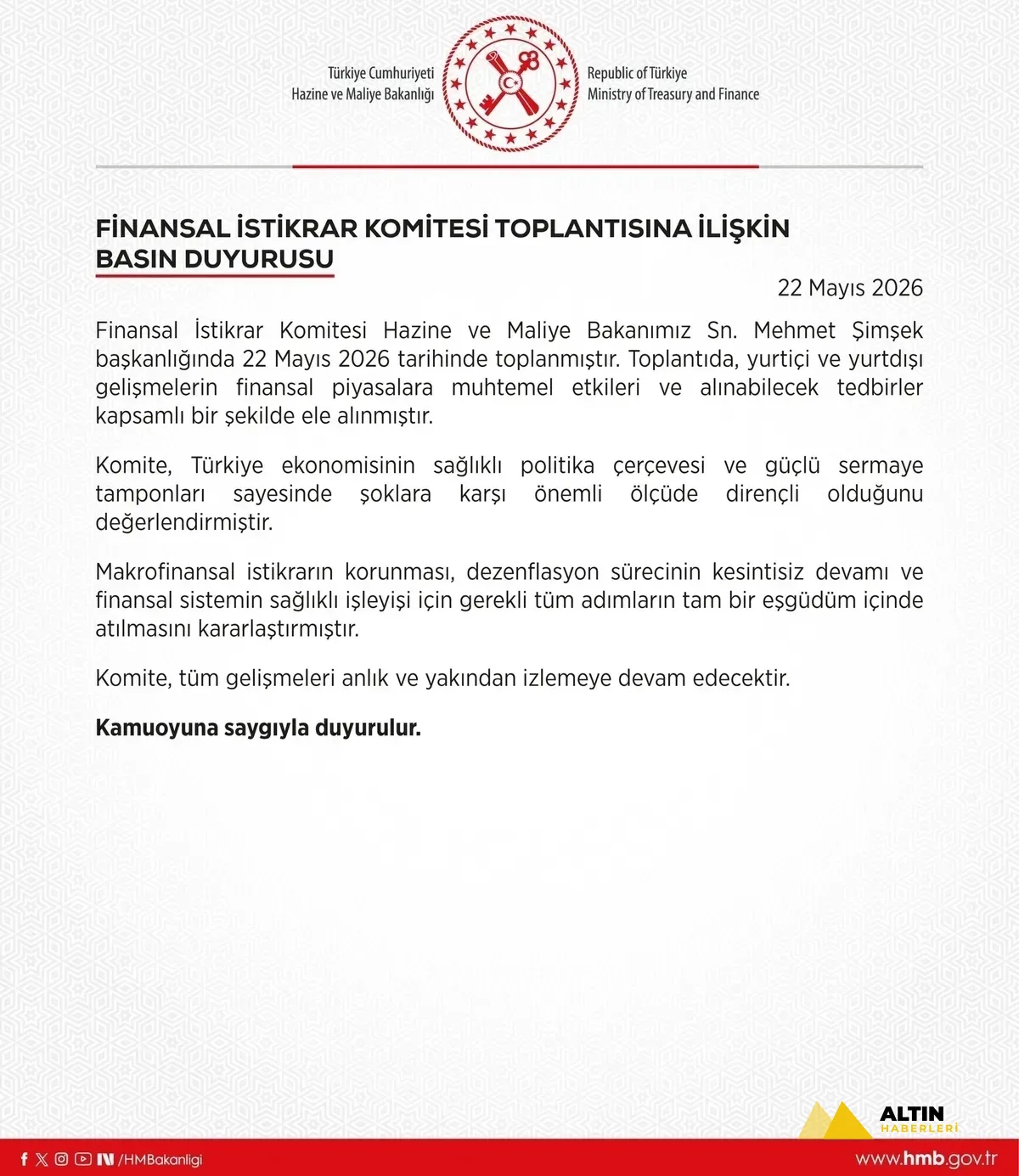 Finansal İstikrar Komitesi toplandı: Türk ekonomisi şoklara karşı dirençli