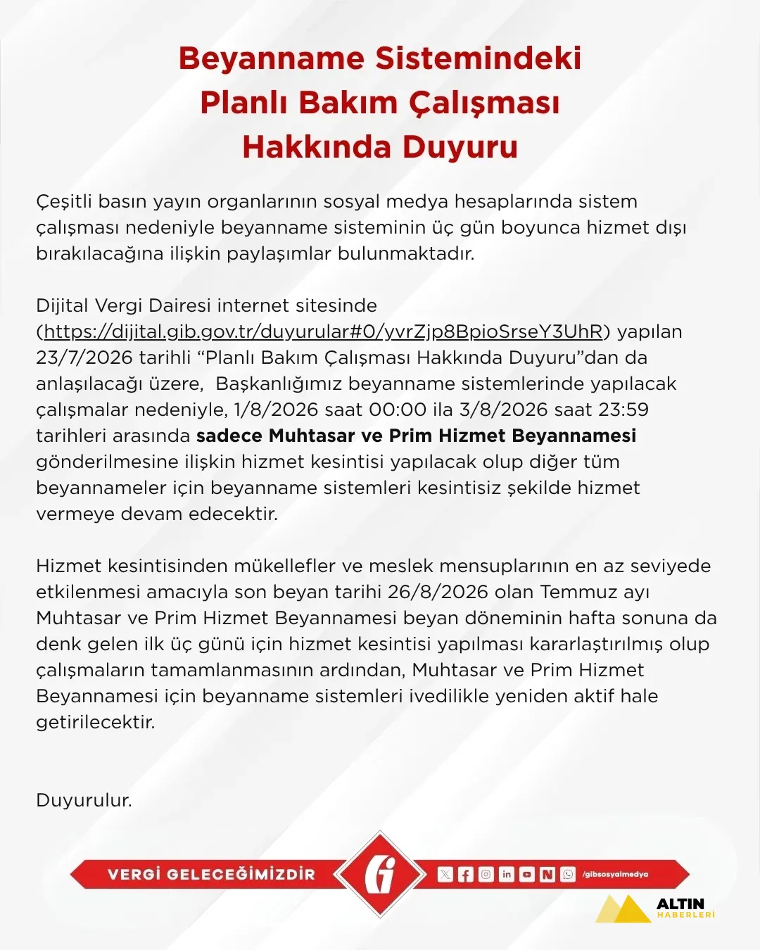GİB beyanname sistemi 1-3 Ağustos'ta kısmen kapanıyor: Kesinti yalnızca muhtasar ve prim hizmet beyannamesi gönderimini kapsıyor