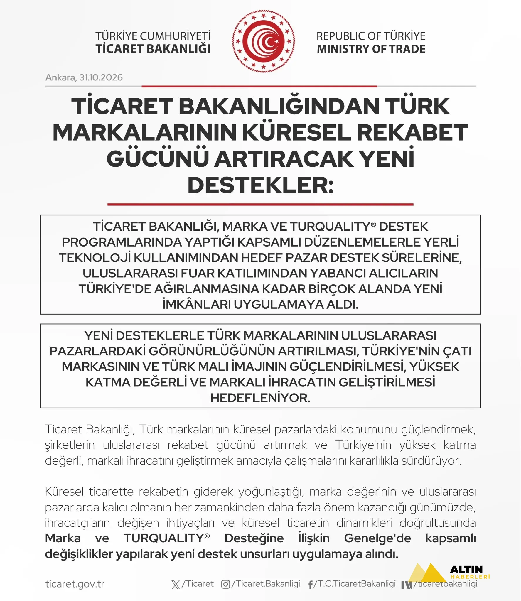 Ticaret Bakanlığı harekete geçti: Türk markalarına küresel pazarlarda yeni destek